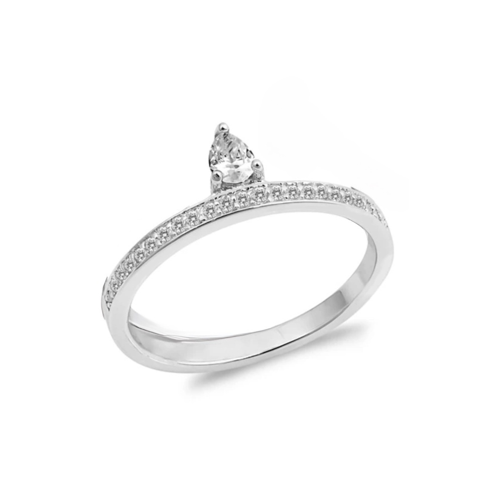 Sterling Silver Pear-Cut CZ Ring – Pavé Band Eleganc